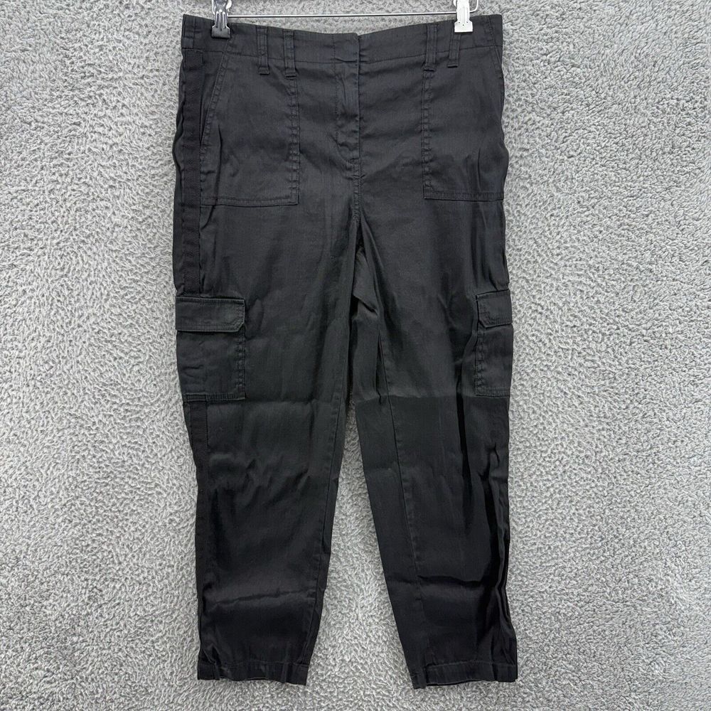 Chicos Womens Size 1 Crop‎ Black Linen Blend Cargo Pants Casual Elastic Waist